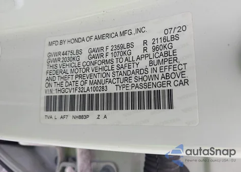 2020 Honda Accord Sport z USA, uszkodzony, nr VIN 1HGCV1F32LA100283